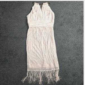 JAX Women's Size 4 Ivory Cream Halter Midi Dress Fringe Gold Curb Chain Bridal